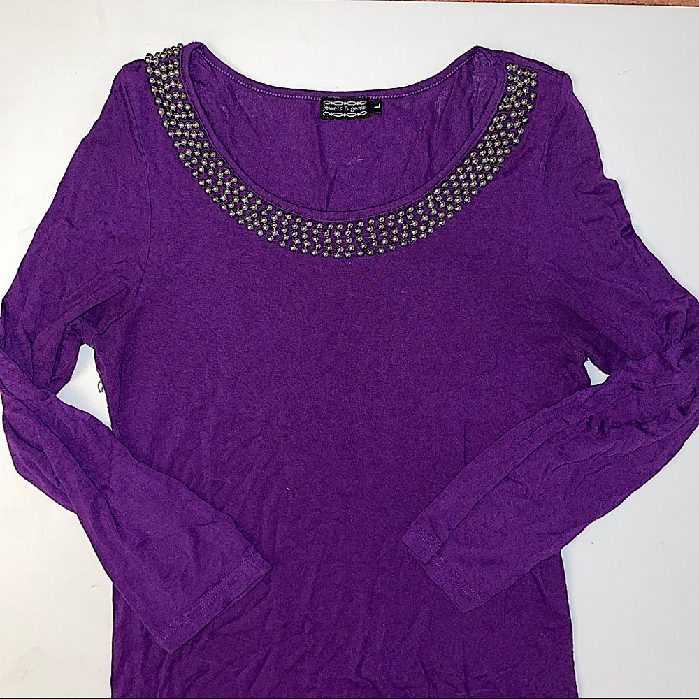 Jewels & Gems Embellished Neck Purple Shirt sz L Large EUC